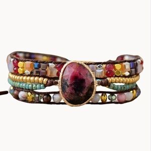 Natural Jasper and Rhodonite Crystal Bead and Gem Wrap Bracelet